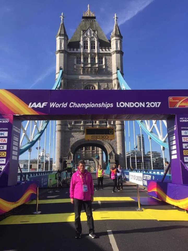 The road-race start gantry at Tower Bridge for the 2017 World Championships.