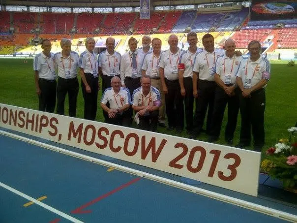 Officials lined up on the infield at the 2013 World Championships in Moscow.